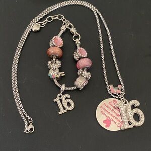 # 27 Silver and Pink Charm Bracelet and Necklace Set